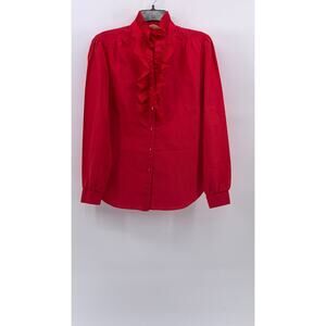 LAURA MAE Women's Vintage Red Ruffle Button-Up Long Sleeve Regular-Fit Top SZ M